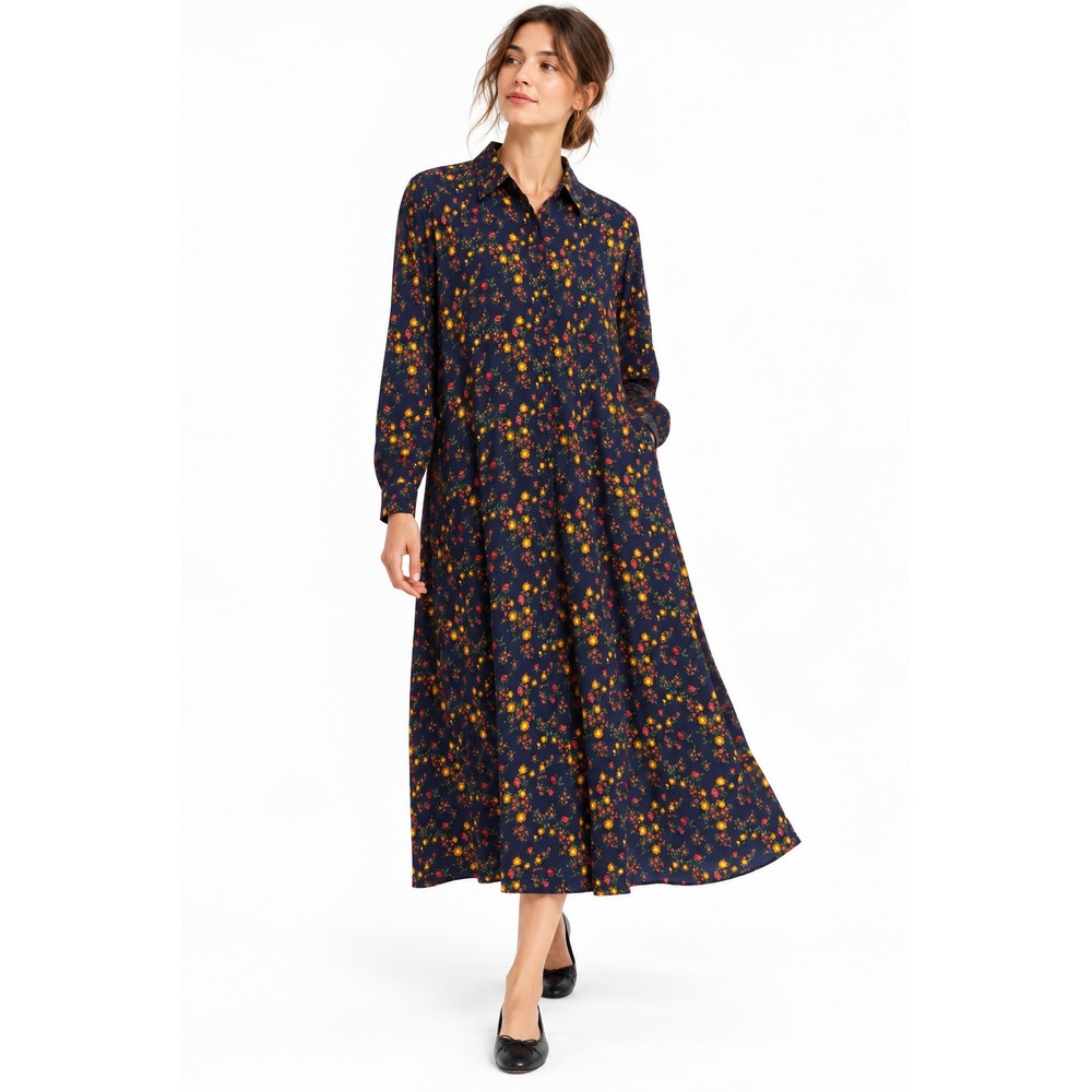 Uniqlo Ines De La Fressange Navy Floral Rayon Shirt Dress XS Long Sleeve Midi